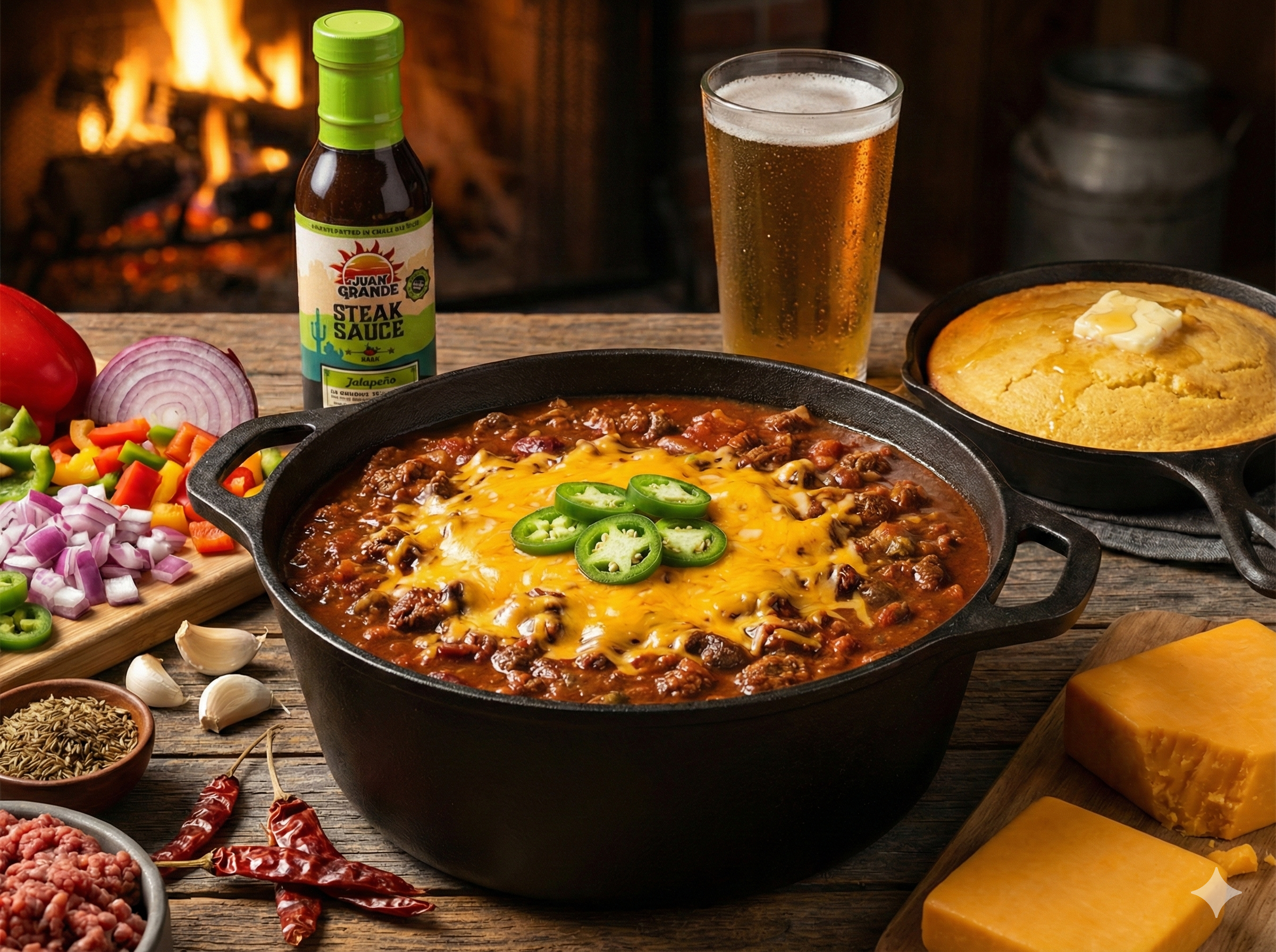 Smoky Beef Chili with Cheddar and Jalapeños