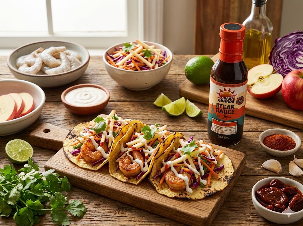 Pan Seared Shrimp Tacos with Apple Slaw